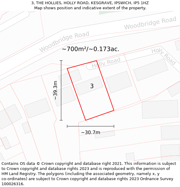 3, THE HOLLIES, HOLLY ROAD, KESGRAVE, IPSWICH, IP5 1HZ: Plot and title map
