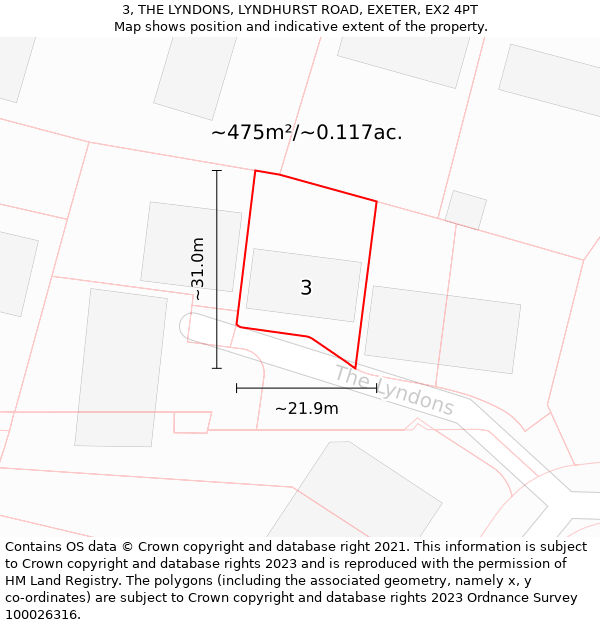 3, THE LYNDONS, LYNDHURST ROAD, EXETER, EX2 4PT: Plot and title map