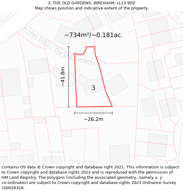 3, THE OLD GARDENS, WREXHAM, LL13 9DZ: Plot and title map