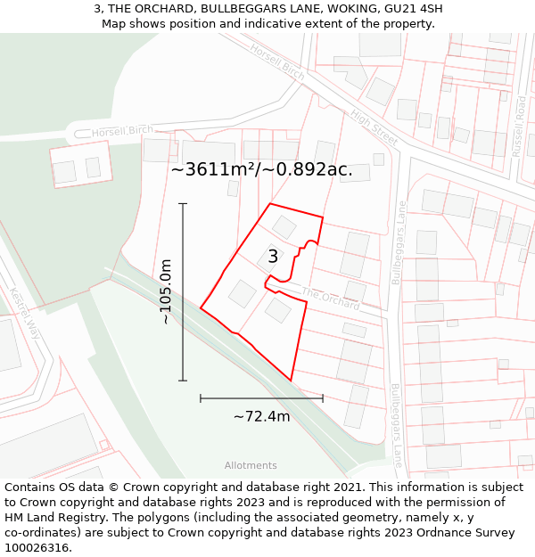 3, THE ORCHARD, BULLBEGGARS LANE, WOKING, GU21 4SH: Plot and title map