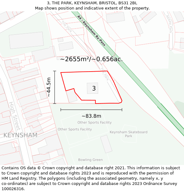 3, THE PARK, KEYNSHAM, BRISTOL, BS31 2BL: Plot and title map