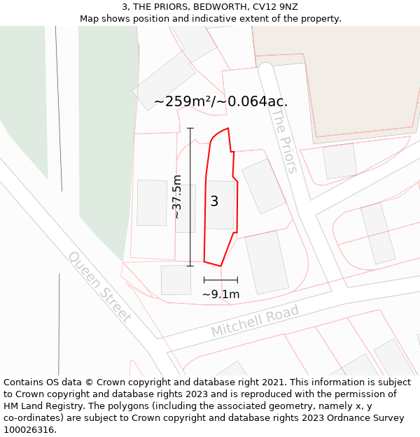 3, THE PRIORS, BEDWORTH, CV12 9NZ: Plot and title map