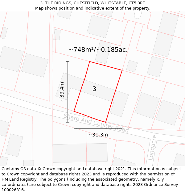 3, THE RIDINGS, CHESTFIELD, WHITSTABLE, CT5 3PE: Plot and title map