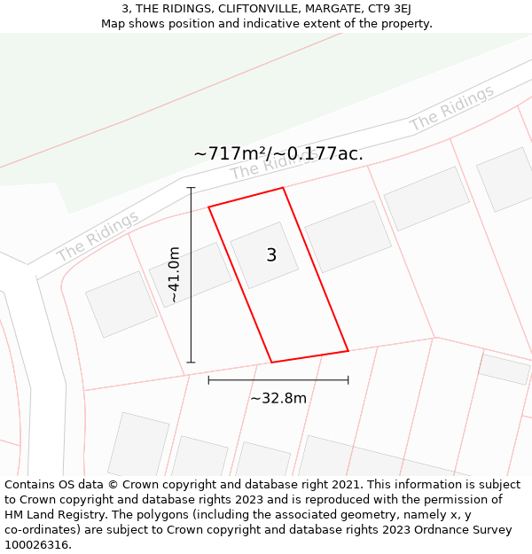 3, THE RIDINGS, CLIFTONVILLE, MARGATE, CT9 3EJ: Plot and title map