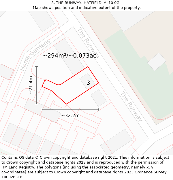 3, THE RUNWAY, HATFIELD, AL10 9GL: Plot and title map