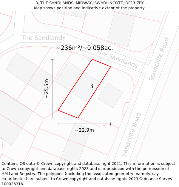 3, THE SANDLANDS, MIDWAY, SWADLINCOTE, DE11 7PY: Plot and title map