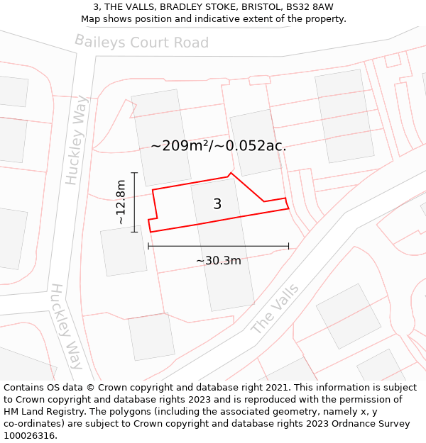 3, THE VALLS, BRADLEY STOKE, BRISTOL, BS32 8AW: Plot and title map