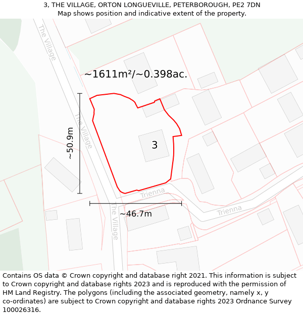 3, THE VILLAGE, ORTON LONGUEVILLE, PETERBOROUGH, PE2 7DN: Plot and title map