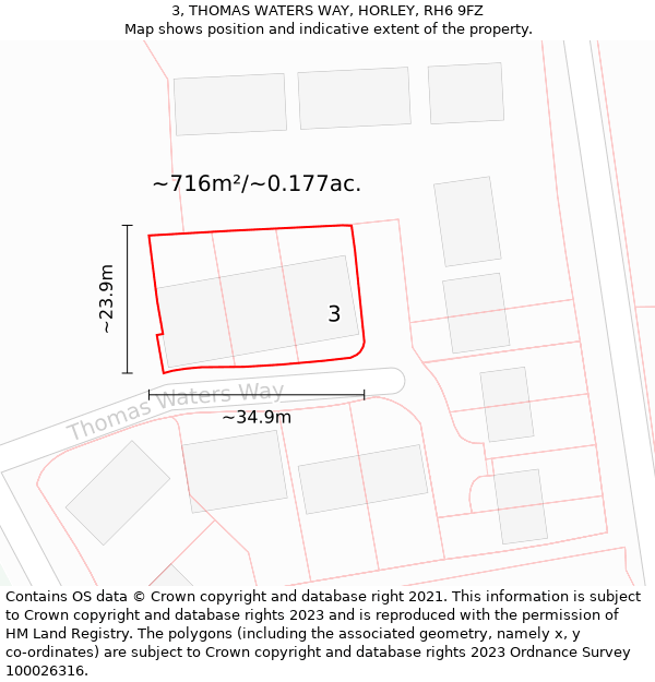 3, THOMAS WATERS WAY, HORLEY, RH6 9FZ: Plot and title map