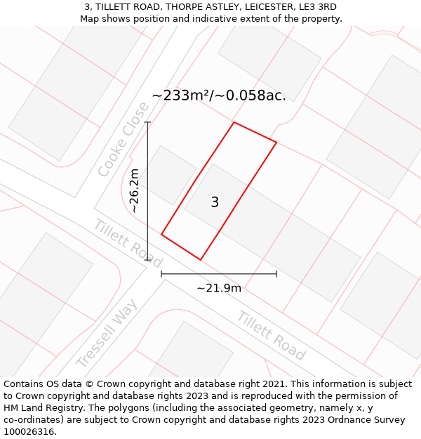 3, TILLETT ROAD, THORPE ASTLEY, LEICESTER, LE3 3RD: Plot and title map