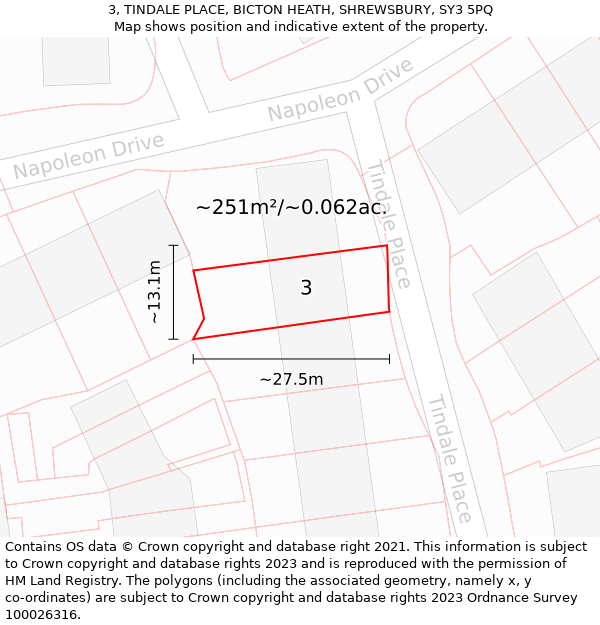 3, TINDALE PLACE, BICTON HEATH, SHREWSBURY, SY3 5PQ: Plot and title map