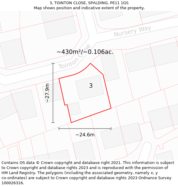 3, TOINTON CLOSE, SPALDING, PE11 1GS: Plot and title map