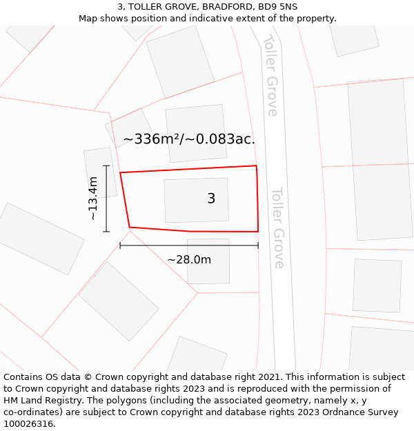 3, TOLLER GROVE, BRADFORD, BD9 5NS: Plot and title map