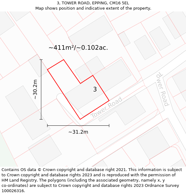 3, TOWER ROAD, EPPING, CM16 5EL: Plot and title map