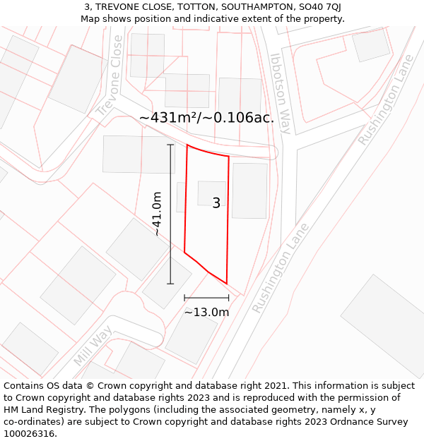 3, TREVONE CLOSE, TOTTON, SOUTHAMPTON, SO40 7QJ: Plot and title map