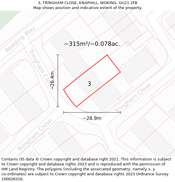 3, TRINGHAM CLOSE, KNAPHILL, WOKING, GU21 2FB: Plot and title map