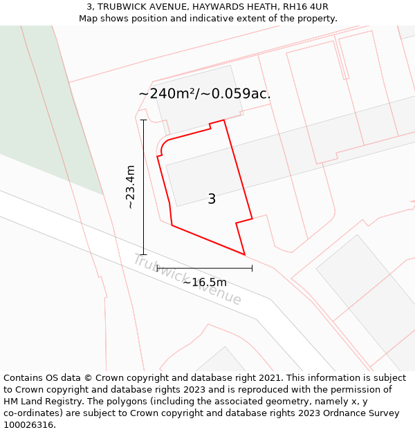 3, TRUBWICK AVENUE, HAYWARDS HEATH, RH16 4UR: Plot and title map