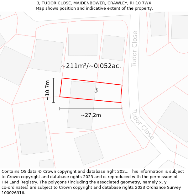 3, TUDOR CLOSE, MAIDENBOWER, CRAWLEY, RH10 7WX: Plot and title map
