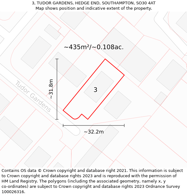 3, TUDOR GARDENS, HEDGE END, SOUTHAMPTON, SO30 4AT: Plot and title map