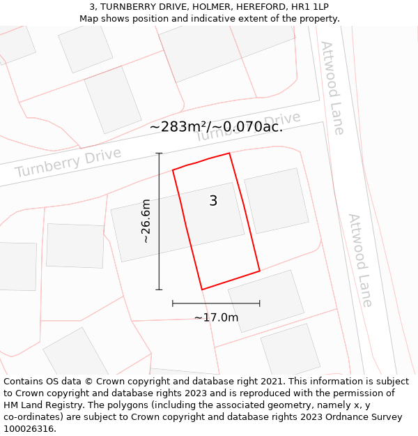 3, TURNBERRY DRIVE, HOLMER, HEREFORD, HR1 1LP: Plot and title map