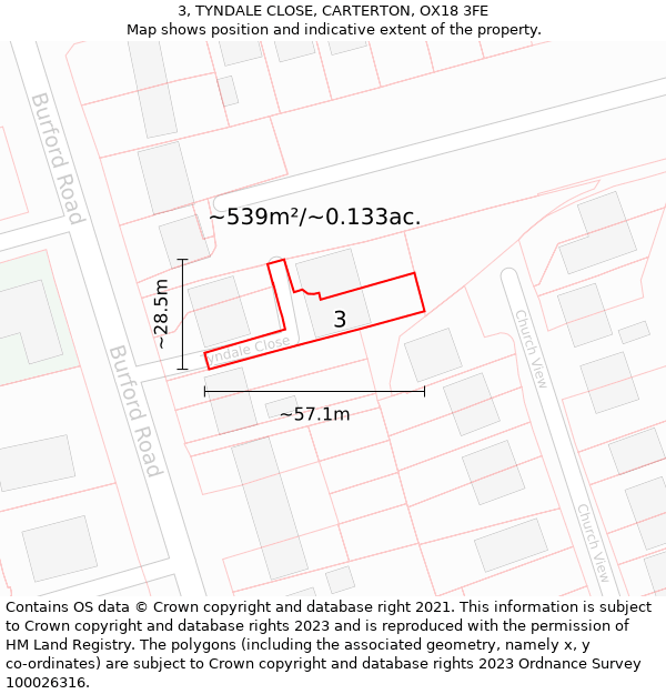 3, TYNDALE CLOSE, CARTERTON, OX18 3FE: Plot and title map