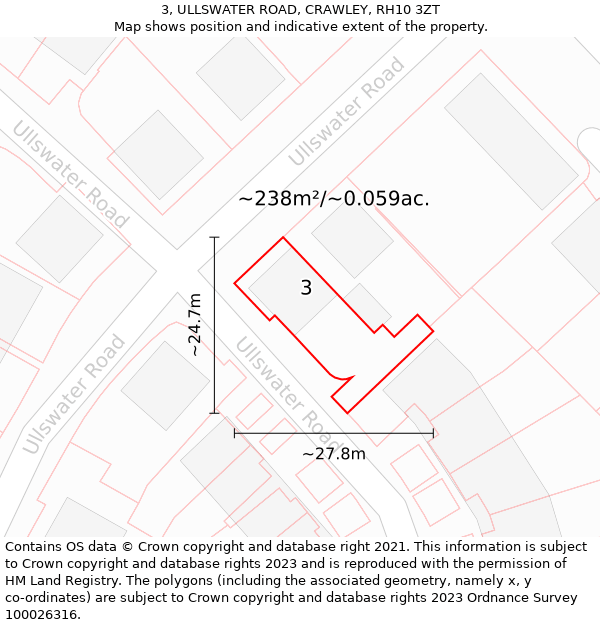 3, ULLSWATER ROAD, CRAWLEY, RH10 3ZT: Plot and title map