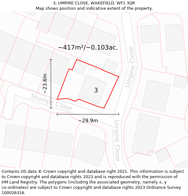 3, UMPIRE CLOSE, WAKEFIELD, WF1 3QR: Plot and title map