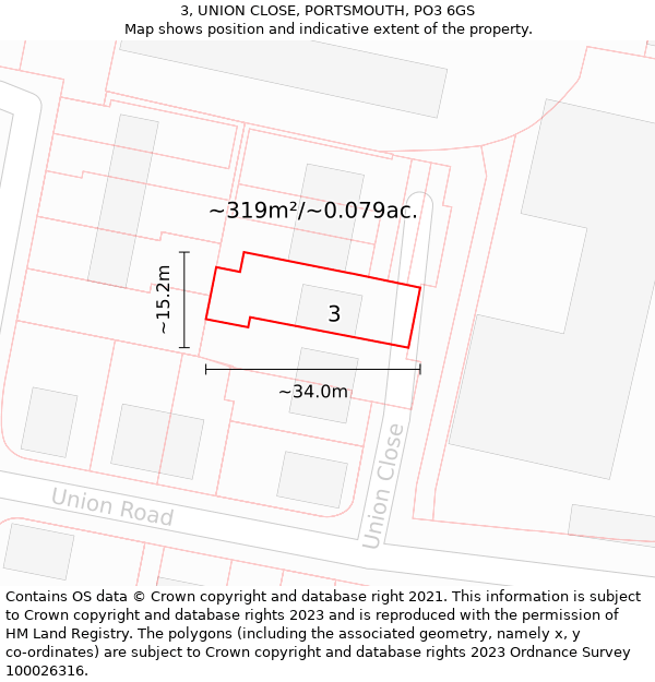 3, UNION CLOSE, PORTSMOUTH, PO3 6GS: Plot and title map
