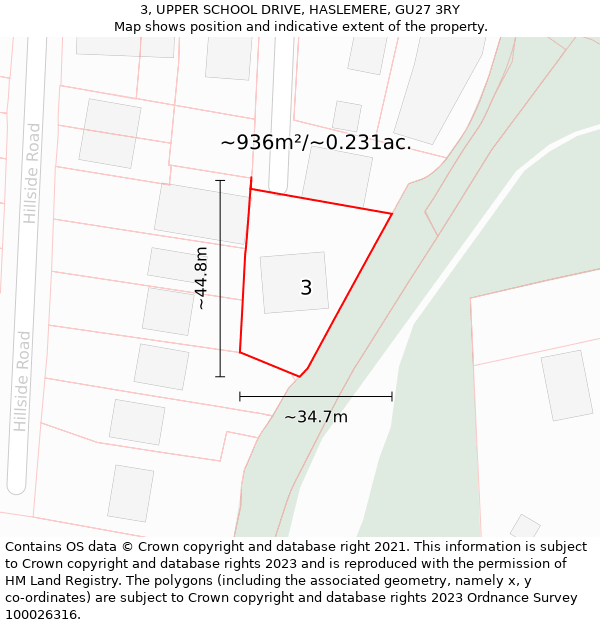 3, UPPER SCHOOL DRIVE, HASLEMERE, GU27 3RY: Plot and title map