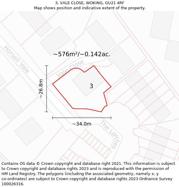 3, VALE CLOSE, WOKING, GU21 4RF: Plot and title map