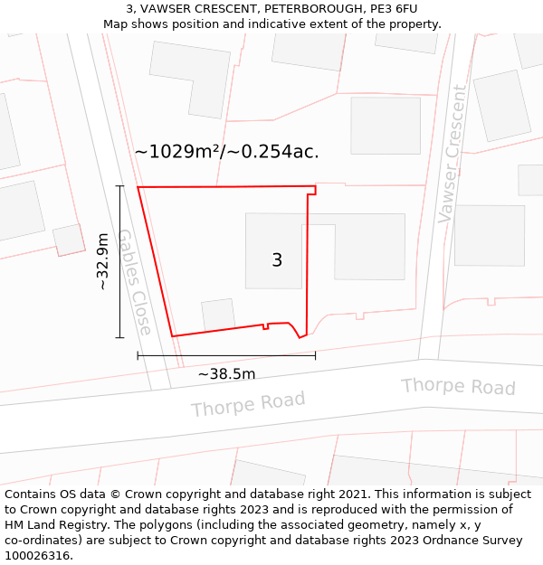 3, VAWSER CRESCENT, PETERBOROUGH, PE3 6FU: Plot and title map