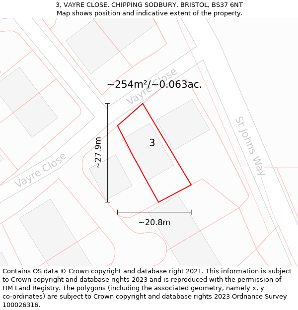 3, VAYRE CLOSE, CHIPPING SODBURY, BRISTOL, BS37 6NT: Plot and title map