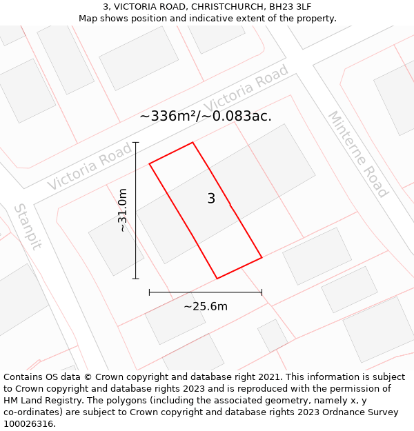 3, VICTORIA ROAD, CHRISTCHURCH, BH23 3LF: Plot and title map