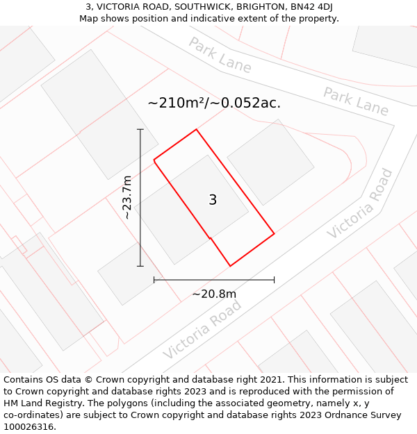 3, VICTORIA ROAD, SOUTHWICK, BRIGHTON, BN42 4DJ: Plot and title map