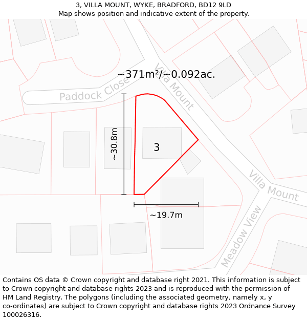 3, VILLA MOUNT, WYKE, BRADFORD, BD12 9LD: Plot and title map