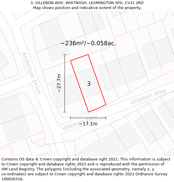 3, VILLEBON WAY, WHITNASH, LEAMINGTON SPA, CV31 2RD: Plot and title map