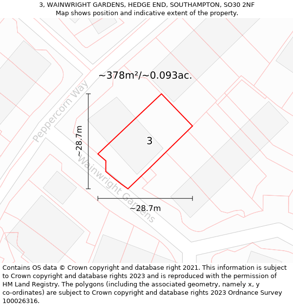 3, WAINWRIGHT GARDENS, HEDGE END, SOUTHAMPTON, SO30 2NF: Plot and title map