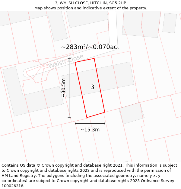 3, WALSH CLOSE, HITCHIN, SG5 2HP: Plot and title map