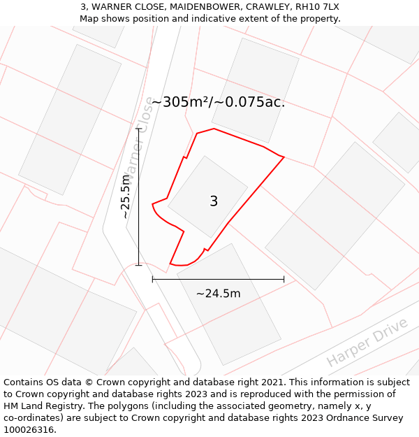 3, WARNER CLOSE, MAIDENBOWER, CRAWLEY, RH10 7LX: Plot and title map