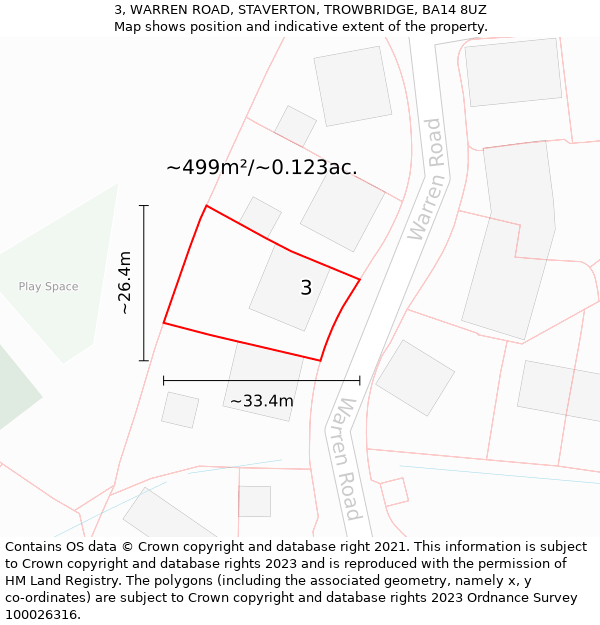 3, WARREN ROAD, STAVERTON, TROWBRIDGE, BA14 8UZ: Plot and title map