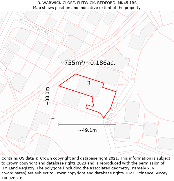 3, WARWICK CLOSE, FLITWICK, BEDFORD, MK45 1RS: Plot and title map