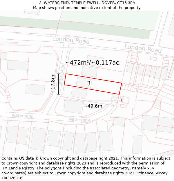 3, WATERS END, TEMPLE EWELL, DOVER, CT16 3PA: Plot and title map