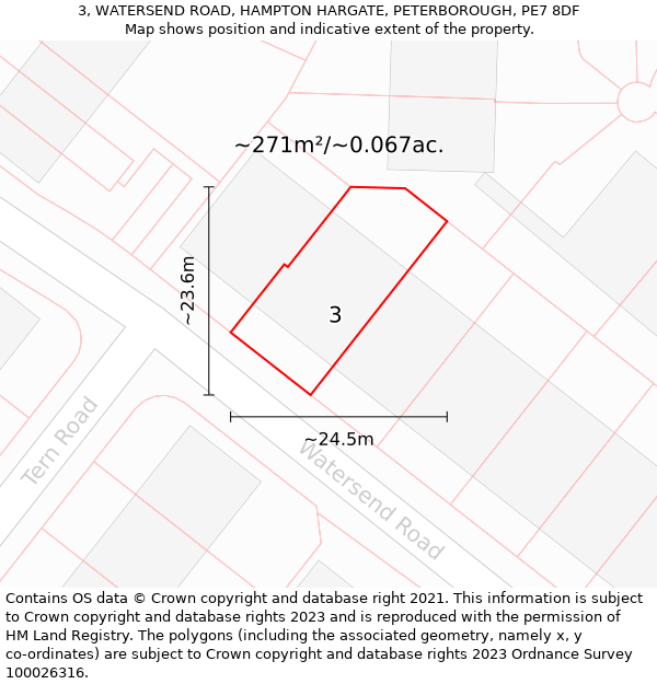 3, WATERSEND ROAD, HAMPTON HARGATE, PETERBOROUGH, PE7 8DF: Plot and title map