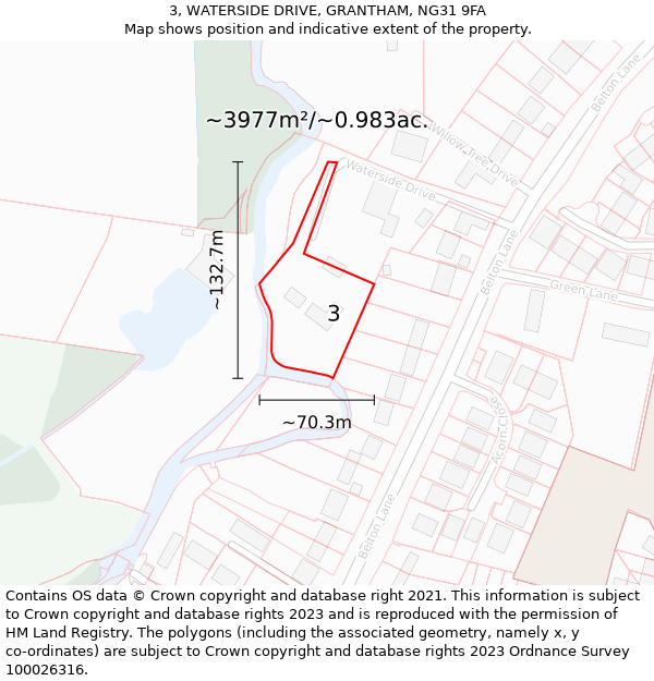 3, WATERSIDE DRIVE, GRANTHAM, NG31 9FA: Plot and title map