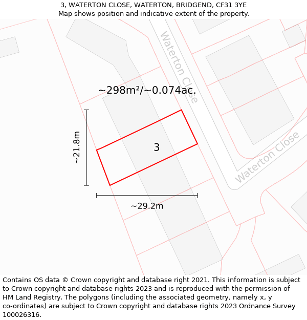 3, WATERTON CLOSE, WATERTON, BRIDGEND, CF31 3YE: Plot and title map