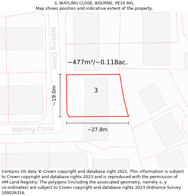 3, WATLING CLOSE, BOURNE, PE10 9XL: Plot and title map