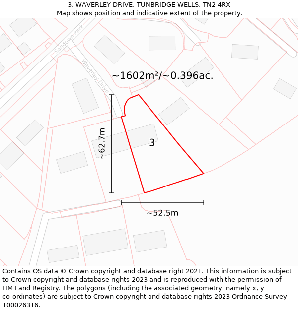 3, WAVERLEY DRIVE, TUNBRIDGE WELLS, TN2 4RX: Plot and title map