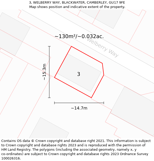 3, WELBERRY WAY, BLACKWATER, CAMBERLEY, GU17 9FE: Plot and title map