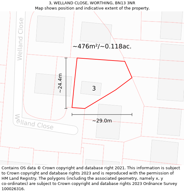 3, WELLAND CLOSE, WORTHING, BN13 3NR: Plot and title map