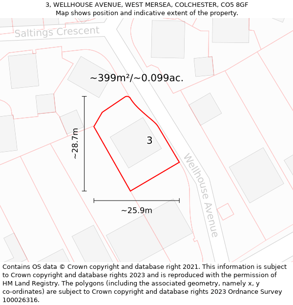 3, WELLHOUSE AVENUE, WEST MERSEA, COLCHESTER, CO5 8GF: Plot and title map